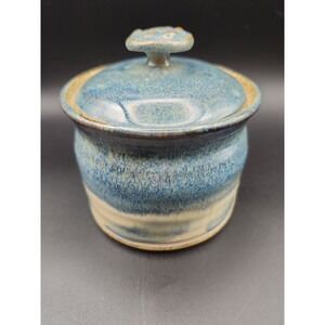 Handmade Stoneware sugar Bowl With Lid.  Artist Signed 3.5" Blue And Cream